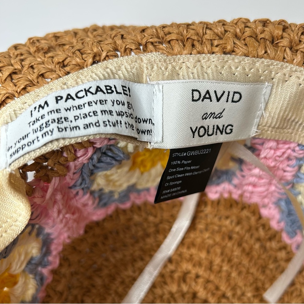 NWT DAVID and YOUNG Crochet Granny Square Straw Bucket Hat - Picture 7 of 14